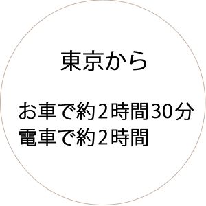 東京からお車で約2時間30分、電車で約2時間